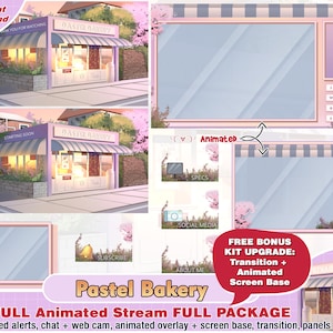 animated pastel bakery twitch package, cute twitch overlay, pink cake, panels, alerts, webcam scene, games, streamer pack, stream overlay