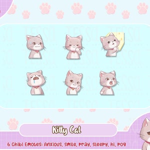 kitty cat twitch emotes, cute twitch emote, twitch cat emotes, twitch emote, pog emote, anxious, smile, sleepy, hi guys, custom cat emotes