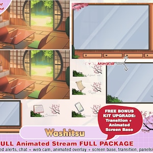 animated japanese room washitsu twitch package, cute twitch overlay, panels, alerts, fb overlays, streamer pack, calm, stream, vtuber layout