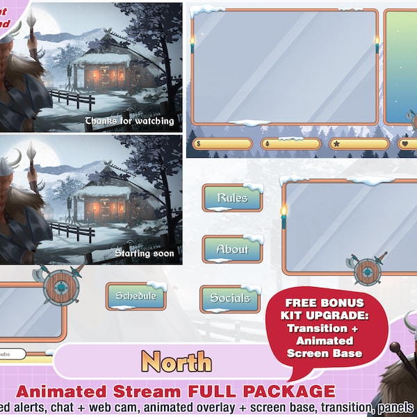 animiertes Nordschnee Wikinger Twitch Paket, Twitch Overlays, Streamer Pack, Twitch Panels, Warnungen, Dorf, Twitch Layout, Schild neue Welt