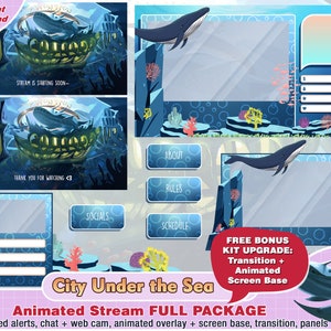 animated city under the sea twitch package, kawaii twitch overlays, twitch panels, twitch alerts, webcam, cute blue, whale, streamer packs