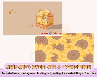 Animated sunflower drink twitch, youtube facebook stream and streamer overlay premade include: brb, ending, starting soon, base, transition