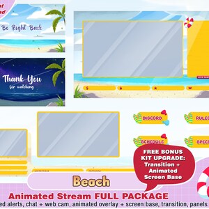 Animated beach summer sea twitch package, kawaii twitch overlay, panel, alerts, cute overlays, streamer pack, web cam, sun, template overlay