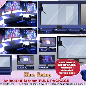 animierter blauer Einrichtungsraum Kopfhörer Twitch Paket, Stream Twitch Overlay, Twitch Panels, Twitch Alarme, Webcam, Szene, Cyberpunk, Spiel, Chat