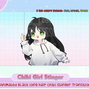 animated cute black long hair chibi girl twitch transition scene, animate stinger, stinger transition, obs streamer kawaii twitch transition