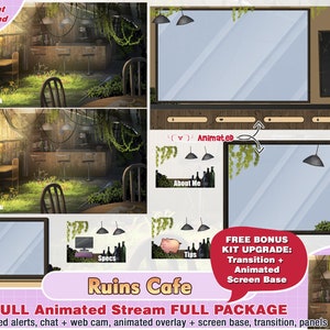 Animated cute ruins café twitch package for streamer to stream pack vtuber: twitch overlay, panels, alert, transition, webcam, game, chat