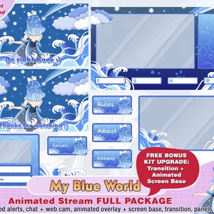 animated my blue world twitch package: kawaii twitch overlays, panel, alerts, chat, obs, stream pack, chibi, sea, stars, cloud, wave, webcam