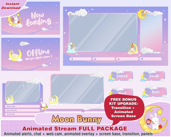 Banner Animated Streamer Graphics Cute Rabbit Overlay Scenes Panels Kawaii Bunny Twitch Package