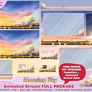 animated morning sky sun twitch package, kawaii twitch overlay, aesthetic orange, panels, alerts, cloud, webcam, stream, fb overlay, youtube