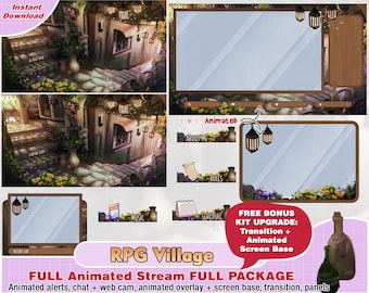 Animated cute rpg game village twitch package for streamer to stream pack game: twitch overlay, panels, alert, transition, webcam, youtube
