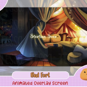 animated bed fort twitch overlay, brb, offline, starting soon, animated twitch cute premade, template, bedroom, plush toy, yt gaming, cozy