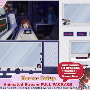 Horror scary Twitch stream animated package kit, twitch stream overlays, panels, alerts, live2d overlay, youtube overlay, game cam border
