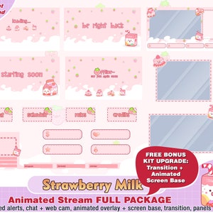 Strawberry twitch package, cute twitch overlay, twitch pink panels, twitch alerts, kawaii animated overlays, stream overlay, twitch stream