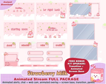 Strawberry twitch package, cute twitch overlay, twitch pink panels, twitch alerts, kawaii animated overlays, stream overlay, twitch stream