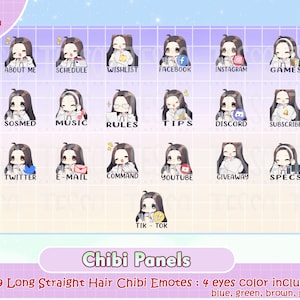 Long straight hair cute chibi twitch panel, custom panel, kawaii, cute, pastel, aesthetic, stream panels, streamer, girly emote panels