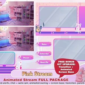 paquet de twitch de salle de streaming rose animé, superposition de twitch de caméra, panneaux de twitch, alertes de twitch, webcam, scène, discorde, fille, chaise de jeu