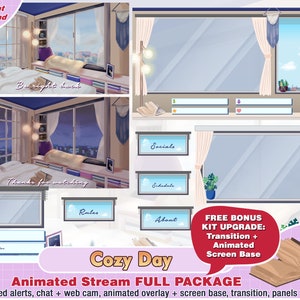 animated cozy day window twitch package: twitch overlays, panels, alerts, webcam, stream pack, cute, kawaii, room, night, book, setup, cam