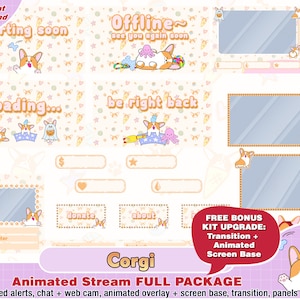 puppy dog corgi twitch package, kawaii twitch overlay, twitch panels, twitch alerts, cute animated overlays, puppy stream overlay, youtube