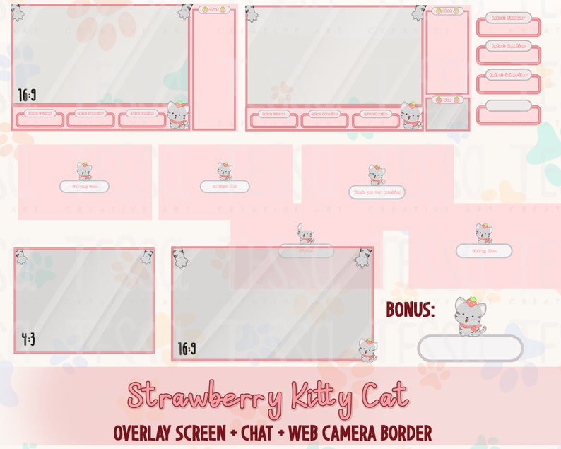 kitty kat aardbei twitch live camera overlay, pink stream scherm, twitch pauze webcam, Twitch Esthetisch roze, game overlay grens afbeelding 2