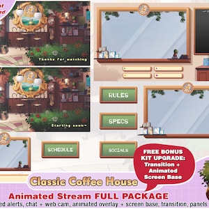 animated classic coffee cafe twitch package for streamer to stream pack:, cam twitch overlays, alerts, panels, vtuber overlay, layout banner