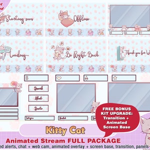 kitty cat twitch package, kawaii twitch overlay, twitch panels, cat twitch alerts, cute animated overlays, cat twitch panel, cute cat twitch