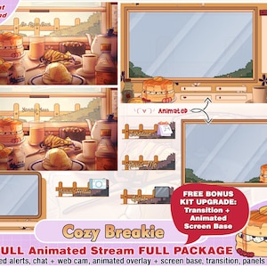 Paquete completo de contracción animado y acogedor para té, desayuno, café, panqueque para streamer: lindos paneles kawaii, alertas, transición, superposiciones de cámara web para transmisión