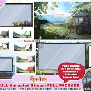 animated cute spring flower cart full twitch package for streamer to stream pack: kawaii panel, alert, twitch overlay, youtube vtuber webcam