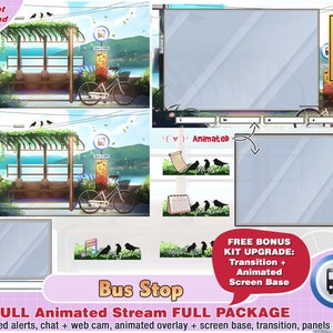 Cute kawaii animated bus stop twitch full package for vtuber and streamer to stream include: panels, alerts, overlays, transition, webcam