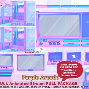 animated neon purple arcade twitch package, cute twitch overlay, aesthetic, panels, alerts, webcam scene, games, retro, streamer pack stream