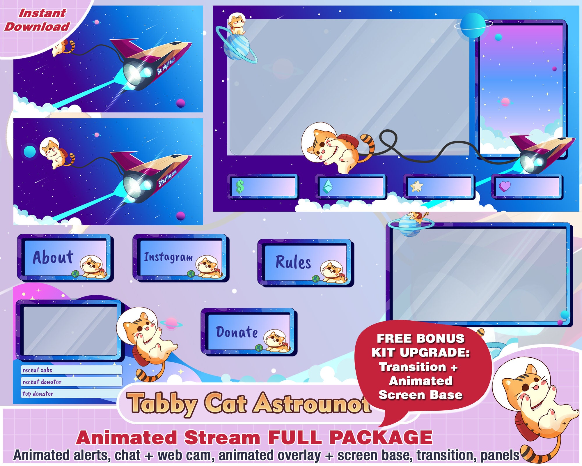 Animated Cat Galaxy Twitch Package Kawaii Twitch Overlay Etsy