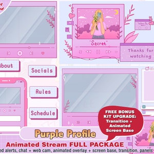 animated purple profile twitch package: kawaii twitch overlays, cute stream panels, alerts, chat, youtube streamer pack, game stream layout