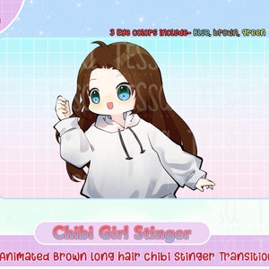 animated cute  chibi brown long hair girl twitch transition scene, animate stinger, obs, twitch transition, youtube, facebook, vtuber video