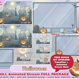 animated gothic halloween twitch package, cute twitch overlay, horror, panels, alerts streamer pack, cemetery pumpkin, bats, stream overlays