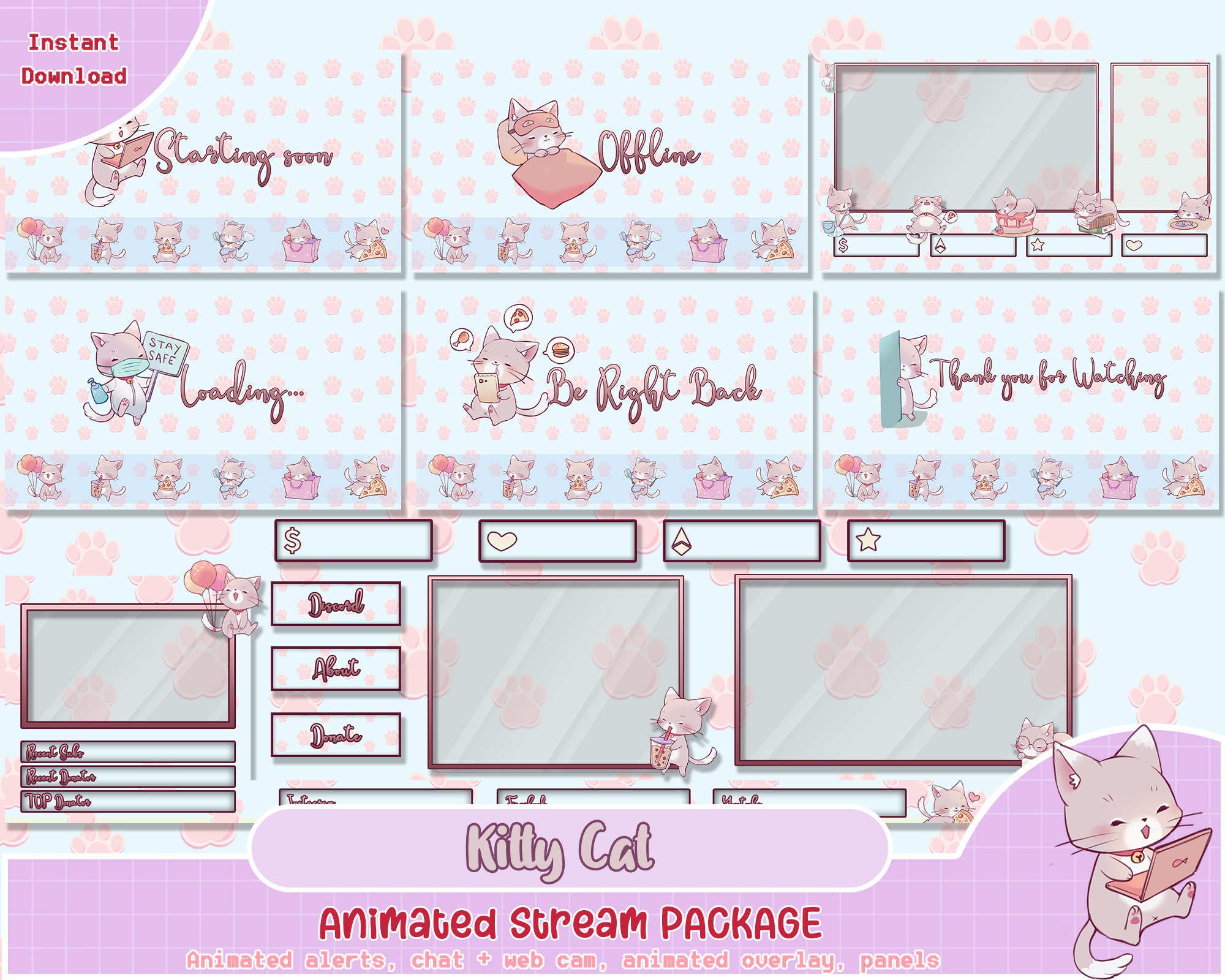 Kitty cat twitch package kawaii twitch overlay twitch | Etsy