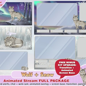animated wolf twitch package, wolf twitch overlay, panels, alerts, wolves, brb, starting soon, streaming, webcam, camera, intermission, snow