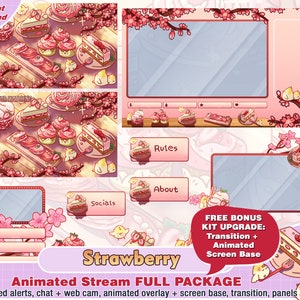 animated strawberry sakura dessert twitch package, kawaii twitch overlays, panels, alerts, aesthetic, food, cute, pink, webcam streamer pack