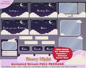 starry night twitch package, kawaii twitch overlay, twitch panels, twitch alerts, cute animated overlays, twitch stream overlay, twitch star