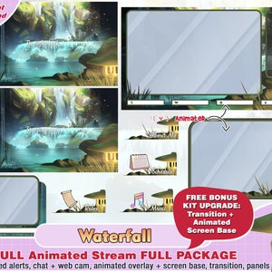 animated cozy cute waterfall twitch package for streamer to stream on youtube, twitch overlays, panels, alerts, webcam, transition chat game