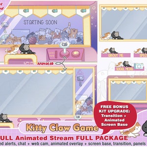 Paquete de contracción del juego arcade de garra de gato animado Kitty, superposiciones de transmisión de contracción, paneles, alertas, superposiciones de cámara live2d, youtube, paquete en vivo de Facebook