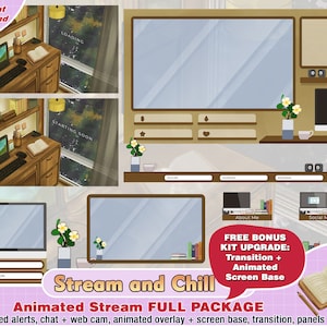 animated stream chill twitch package, cute twitch overlay, aesthetic, panels, alerts, room overlays, plant, flower, simple, webcam scene