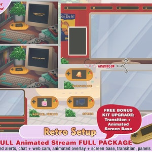 animated retro pc setup twitch package, cute twitch overlays, panels, alerts, room overlay web cam, game boy, red, classic, streamer packs