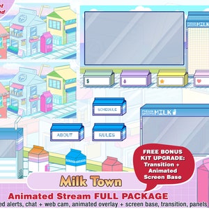 Geanimeerd Milk Town Twitch-pakket, kawaii Twitch-overlay, panelen, waarschuwingen, schattige overlays, streamerpakket, esthetisch, pasteldrank, premade kunst