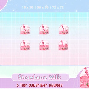 strawberry milk twitch badges, schattige twitch sub badges, twitch subs badges, kawaii, loyaliteit, bit badges, roze, drankje, dessert, cool, discord