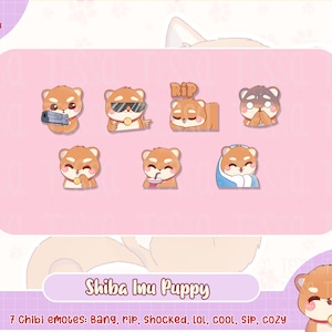 shiba inu puppy twitch emotes, cute twitch emote, discord, bang, rip, shocked, lol, cool, sip, cozy, doggo emote, shiba emote, puppy discord