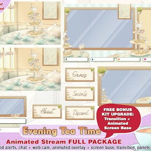 animated tea and cake twitch package: cam twitch overlays, panels, alerts, webcam, stream, cute, kawaii, food, dessert, bunny, vtuber, pack