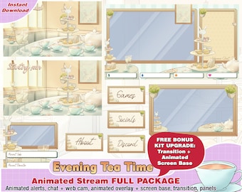 animated tea and cake twitch package: cam twitch overlays, panels, alerts, webcam, stream, cute, kawaii, food, dessert, bunny, vtuber, pack