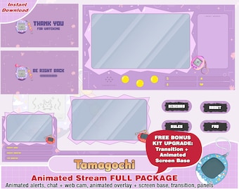 animated Tamagotchi twitch package, cam twitch overlay,  panels, retro alerts, cute pet overlays, kawaii, webcam, screen, streamer, old game