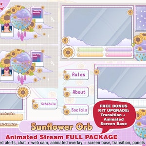 Animated sunflower orb girly flower cam twitch package, cute twitch overlays, panels, alerts, streamer pack, twitch banner, twitch layout