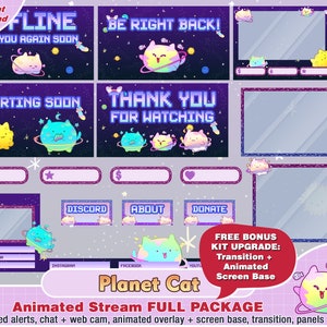 paquete de contracción de gato planeta animado, superposición de contracción kawaii, paneles de contracción, alertas de contracción, lindas superposiciones animadas, superposición de espacio, gatito, oscuro