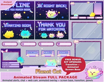 animated planet cat twitch package, kawaii twitch overlay, twitch panels, twitch alerts, cute animated overlays, space overlay, kitty, dark